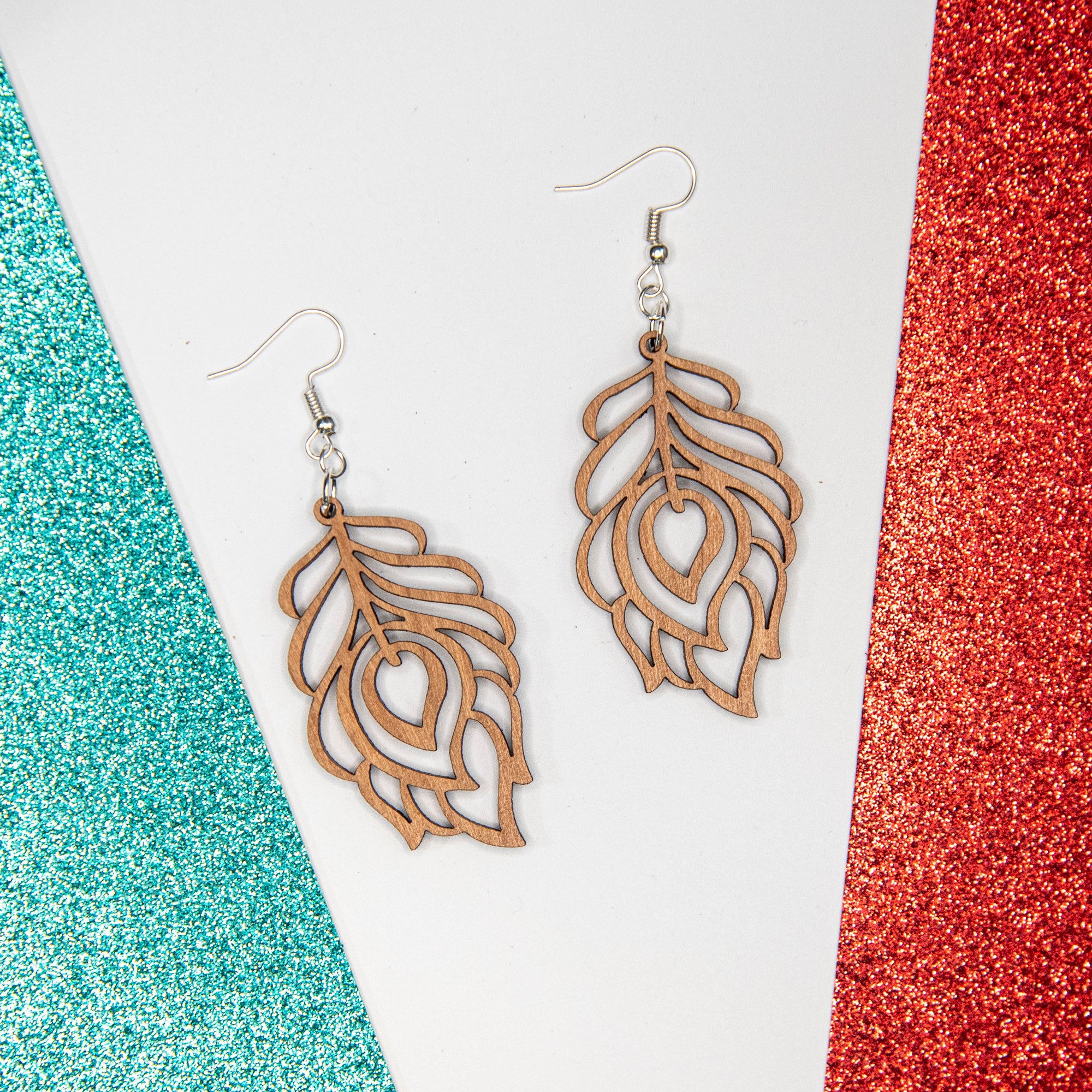 Peacock Feather Wood Earrings - Image 2