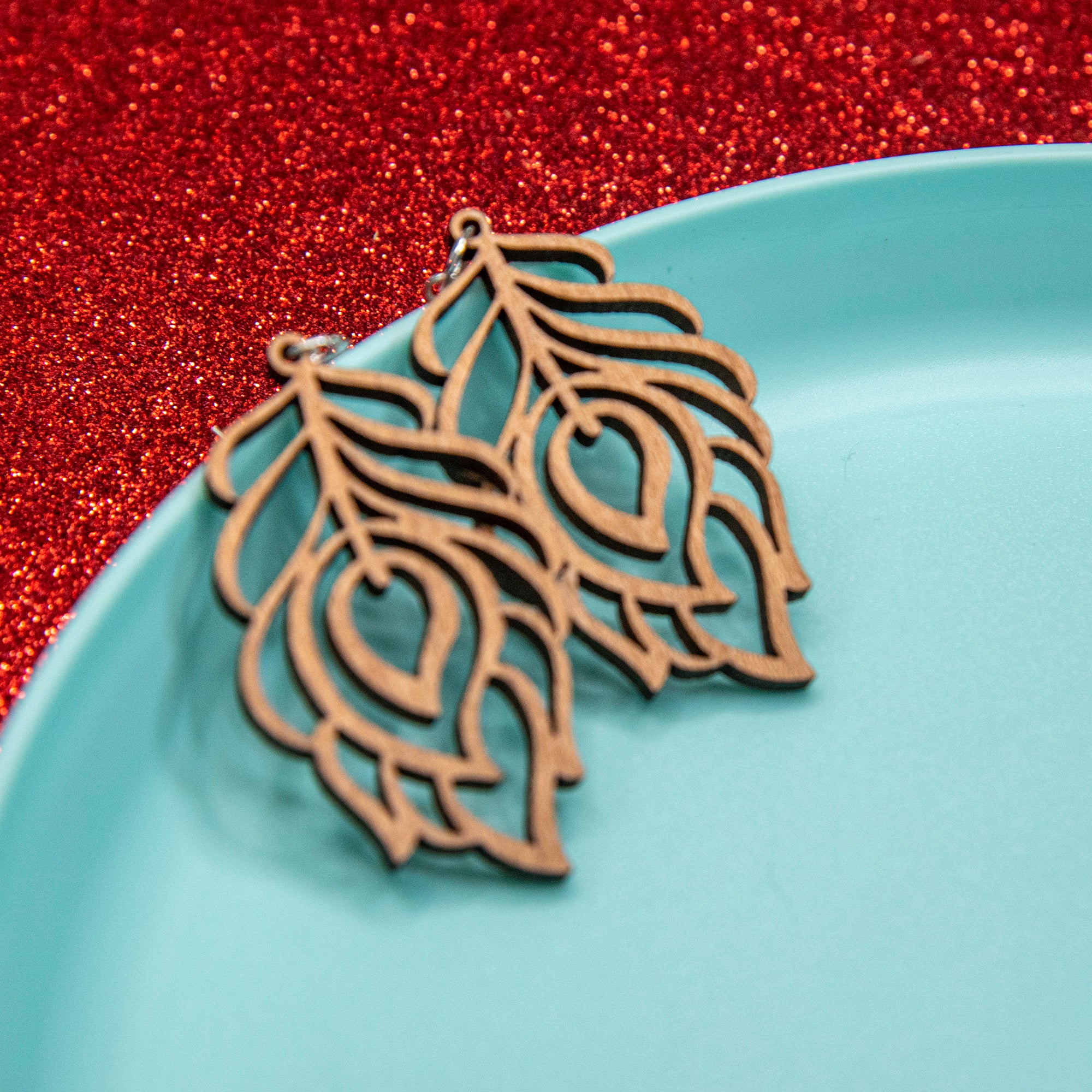 Peacock Feather Wood Earrings - Image 5